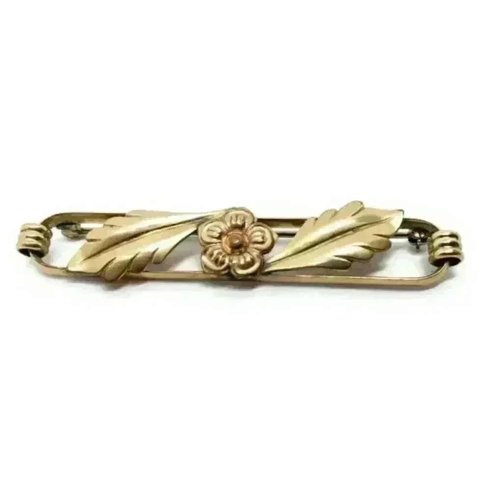 Gold Art Nouveau Brooch Rose Roses Leaves Brooch 12 Kt GF Vintage Repousse